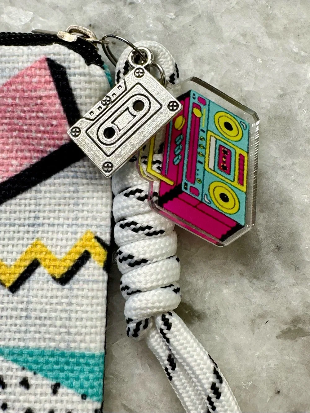 New Geometric Retro 80s Style Zippered Makeup Bag w/ Cassette & Boombox Charms